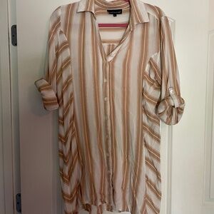 White and tan striped shirt dress
